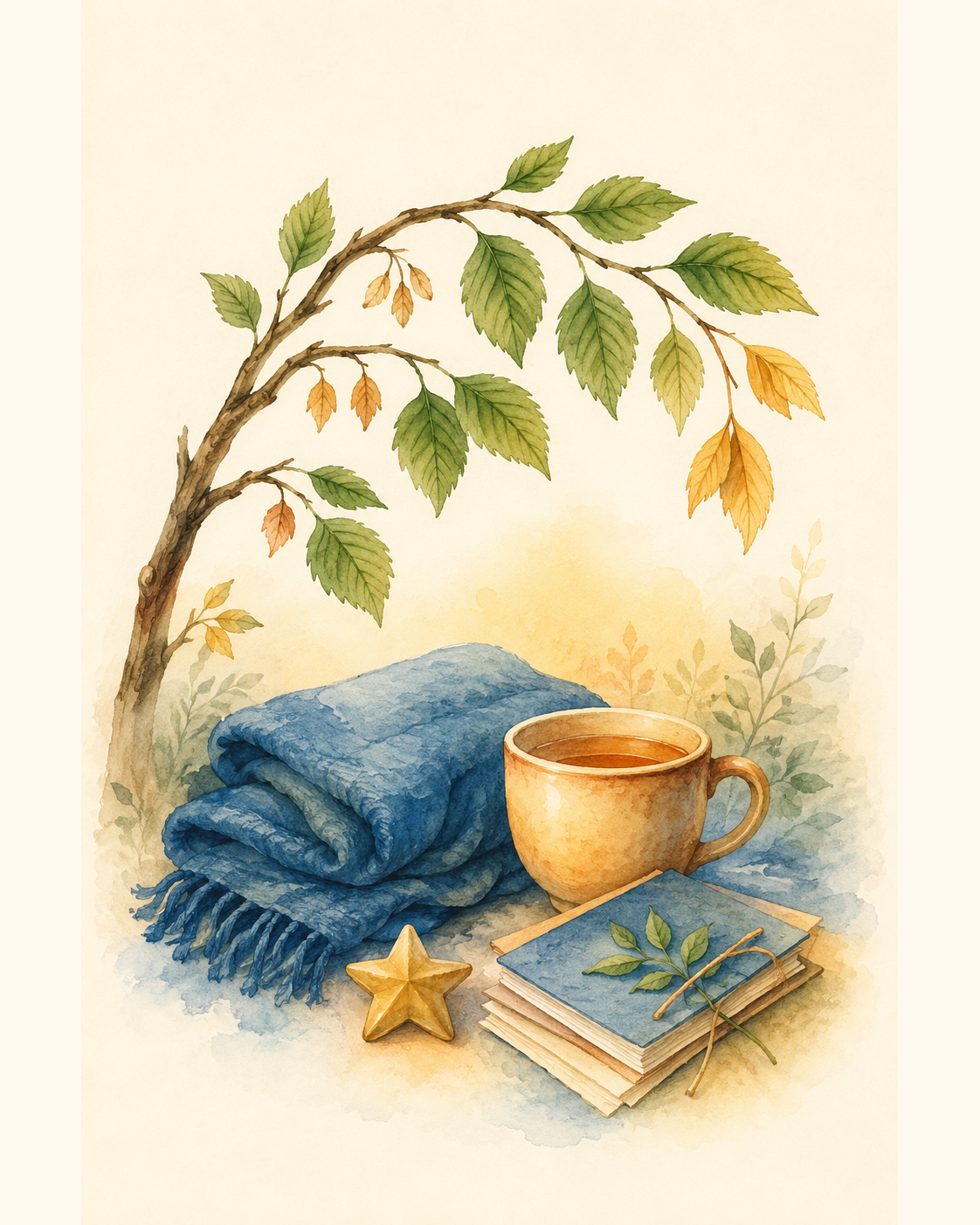 Ein warmer Tee und eine Decke unter einem herbstlichen Zweig
