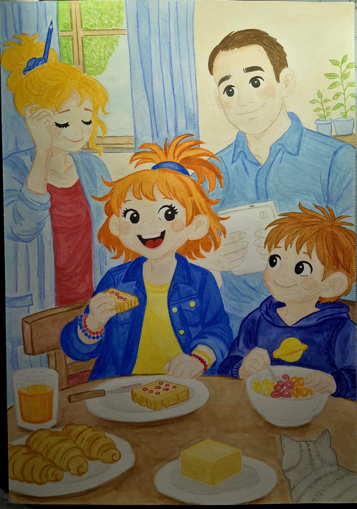 Entstehung der Trulla-Illustration, Schritt 7: Fertig ist ein ganz normaler Morgen bei Familie Stern – kurz bevor aus einem Wackelzahn ein großes Abenteuer wird.