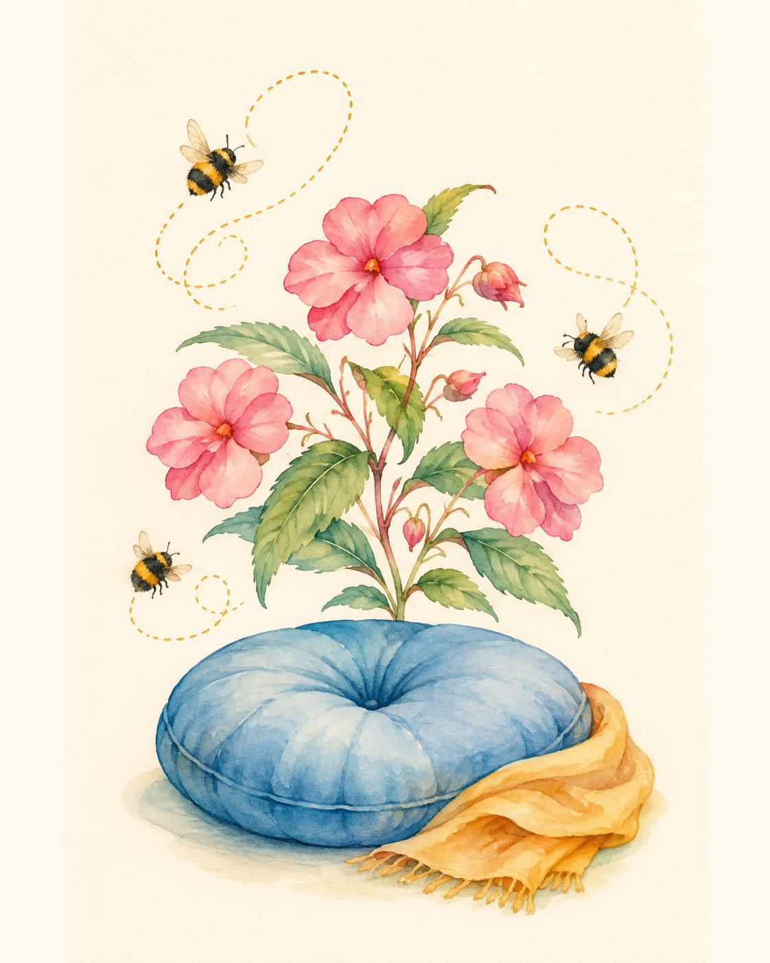 Rosa Blüten mit kleinen Hummeln auf einem blauen Kissen