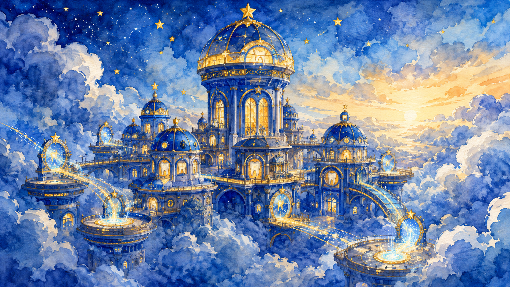 Die Zahnfeezentrale von außen: ein funkelndes blau-goldenes Wolkenschloss mit vielen Türmen, hoch über den Wolken.