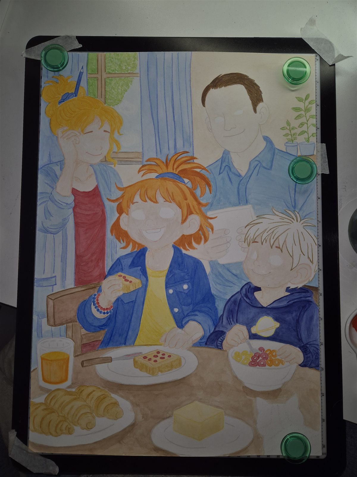 Entstehung der Trulla-Illustration, Schritt 4: Nach und nach bekommen Kleidung und Frühstückstisch ihre Farben.